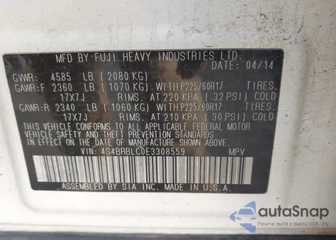 2014 Subaru Outback 2.5I Limited z USA, uszkodzony, nr VIN 4S4BRBLC0E3308559